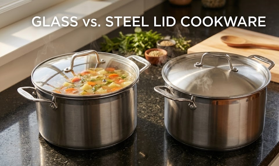 A split-screen product demonstration showing a transparent tempered glass lid with a steam vent on the left, and a highly polished, solid stainless steel lid on the right.